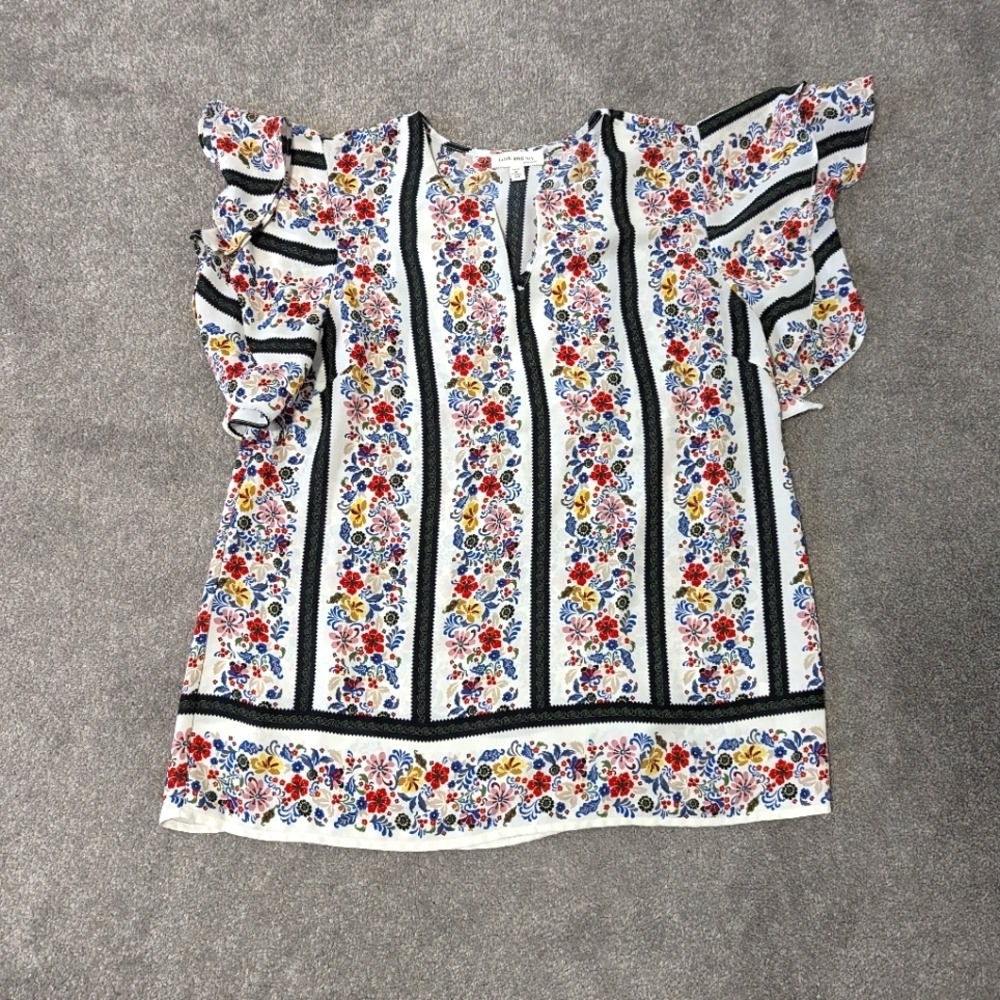 Faith and Joy Women's Floral Blouse Sz Med Stripes Floral Cottagacore Farmhouse